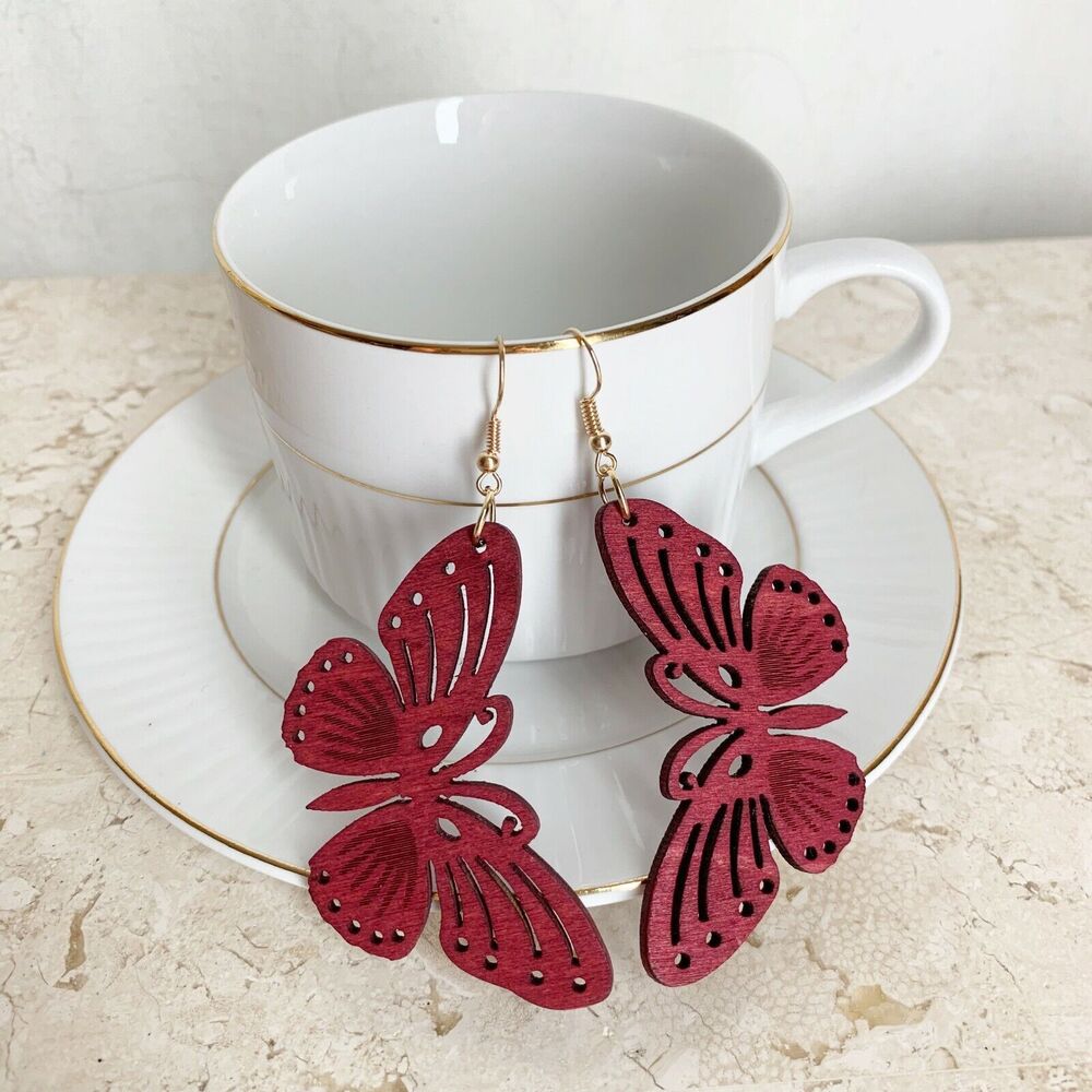 Butterfly Earrings NEW Redwood Cutouts Lightweight Dangle French Hooks Boho - Picture 3 of 8